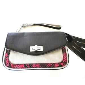BCBG Black Leather Clutch Wristlet Python Canvas Handbag Purse Sloan Maxazria
